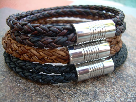 Double Strap Braided Mens Leather Bracelet with Stainless