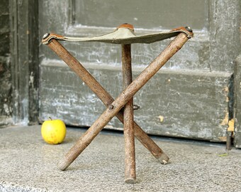 Camping Stool - Folding Vintage Stool - Wooden Fishing Stool - Canvas and Wood Tripod Stool - Camp Stool - Outdoor Stool - Fishing Gift