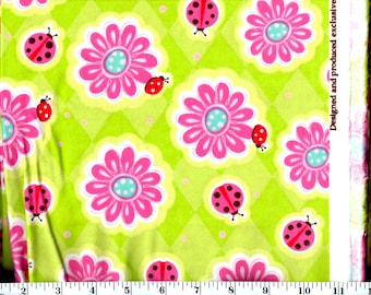 1 Yard 35 Inches, Pink ladybugs and Flowers on Green Flannel