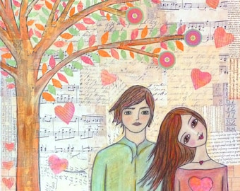 Couple Art Block Whimsical Folk Art Love Tree Painting