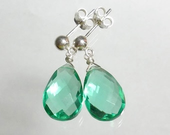 Green Drop Earrings Green Quartz Earring Green Briolette Earring Stud Post Earrings Sterling Silver
