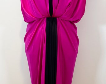 80s Does 40s Fuchsia Jet Black Bold Color Block Grecian Draped Short Flutter Sleeve Strong Shoulder Formal Dress