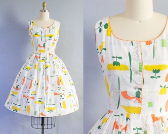 1950s Floral Cotton Dress/ Medium (35B/28W)