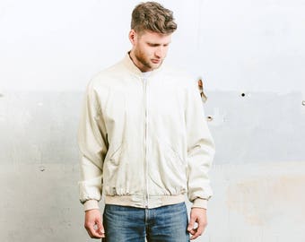 Beige Bomber Jacket . Men's Coat Vintage 80s Jacket Outerwear Flight Aviator Jacket Minimalist Jacket . size Large