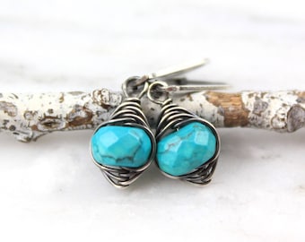Faceted Blue Turquoise Wrapped Oxidized Silver Earrings