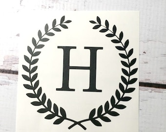 Single Initial Wheat Wreath Monogram Vinyl Decal Laurel Border Small Initial Sticker Vinyl Letter