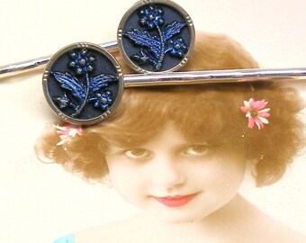 Antique BUTTON hair pins, Victorian DAISIES on silver bobby pins, hair grips. Present gift.