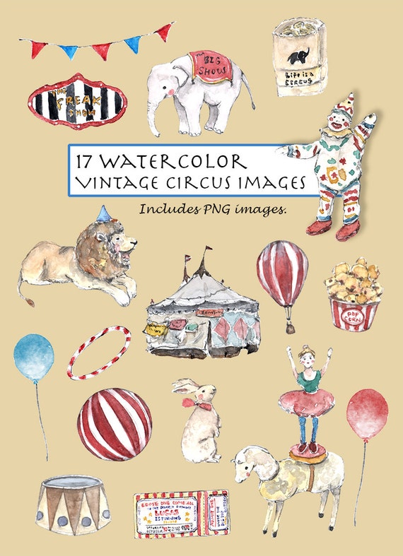 Download CLIP ART Watercolor Vintage Circus Set. 17 Images. Digital