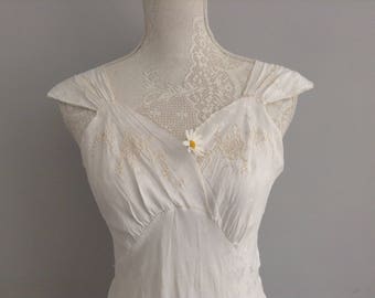 1930's White Embroidered Silk Bias Cut Slip/ Dress