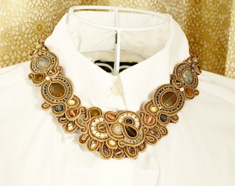 Bronze necklace Hand embroidered Soutache jewelry Soutache necklace.