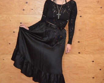 Vintage 60's Black Midi Satin Ruffled Skirt Size Small