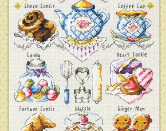 Cross stitch patterns and kits - mini cookie time by Sodastitch, afternoon tea, teapot, gingerbread man, waffle, dessert motifs