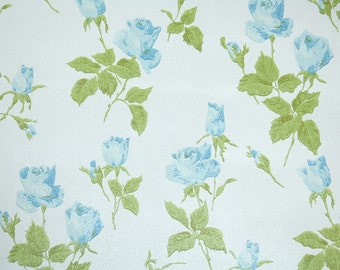 Retro Wallpaper by the Yard 60s Vintage Wallpaper - 1960s Blue Roses and Rosebuds with Green Leaves on White