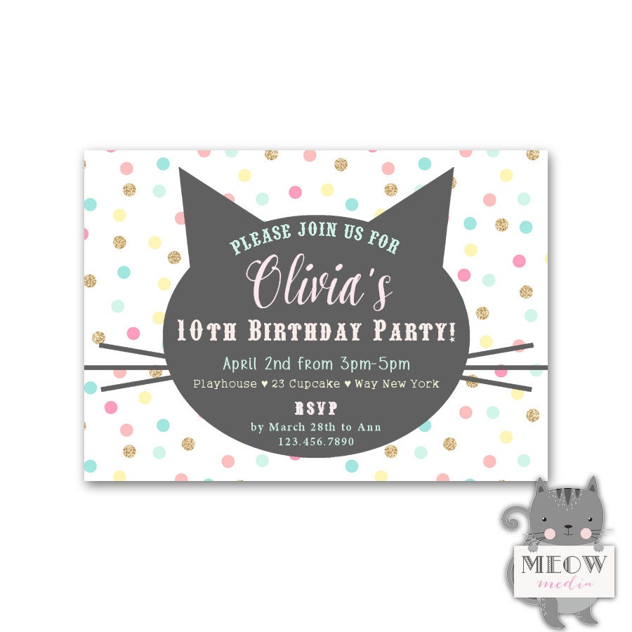 Girl's 10th Birthday Kitty Cat Invitations Kid's