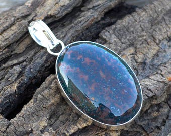 Natural Bloodstone Gemstone Pendant, 925 Sterling Silver Pendant, Green Red Bloodstone Pendant, Oval Cab Pendant ,Large Stone Necklace Chain