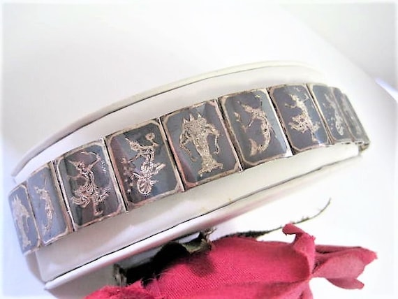 Siam Sterling Bracelet, 12 Niello Panels, Silver Storyteller Bracelet, Vintage 60’s