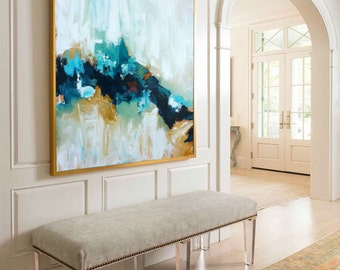 Large Original Painting Hand Made Abstract Art, Acrylic Painting on Canvas, XL large Canvas Art. Custom Extra Large Painting Green, Blue