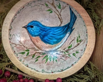 Carved Maple Bowl With Hand Painted Bluebird
