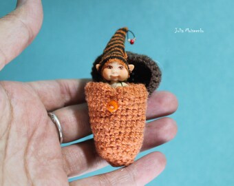 Miniature handmade 1/24 half 1/2 scale Tiny Gnome BOY in Acorn OOAK dollhouse doll