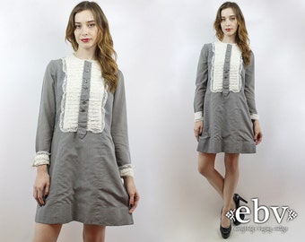 Vintage 70s Grey Tuxedo Mini Dress M Tuxedo Dress Grey Dress Gray Dress Lace Dress Party Dress 1970s Dress 70s Dress