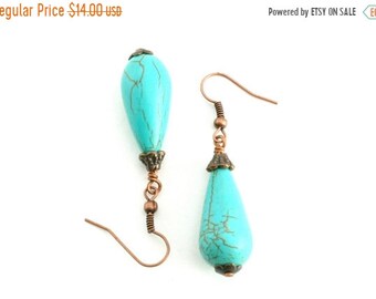 25%OFFSALE Long Turquoise Drop Earrings, Turquoise and Copper Earrings, Southwestern Style Earrings