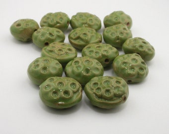 Green Beads, Green Ceramic Beads, dark green beads, pottery beads, artist beads, seapod beads, avocado green beads, dotted beads bead set
