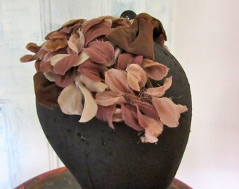Vintage Brown Velvet Headband Hat - Fascinator - Wire Frame - Floral Hat -Velvet Bow - Leaves