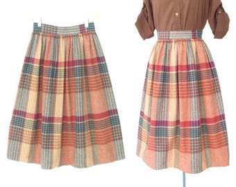 vintage plaid skirt * campus skirt * 80s midi skirt * xs