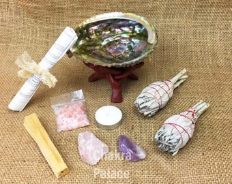10 Piece Large Smudge Kit: 2 White California Sage, Abalone Shell, Wood Stand, Palo Santo, Amethyst, Rose Quartz, + Instructions