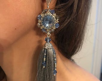 beaded tassel earrings Silk earrings tassle earrings fringe earrings pom pom earrings christmas gifts gray tassel earrings statement earring