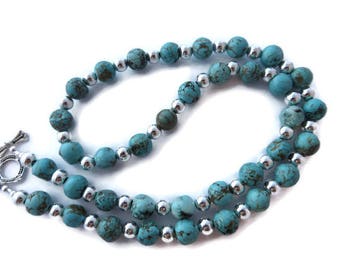 Long Turquoise Necklace, Turquoise Beaded Necklace, Turquoise Statement, Teal Necklace, Turquoise and Silver Necklace, Southwest Necklace