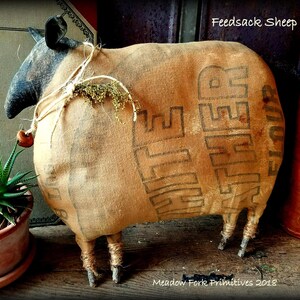 Primitive Folk Art Handcrafted Feedsack Sheep-Flour Feedsack-Cupboard Tuck-Shelf Sitter-Spring-Vintage-Farmhouse