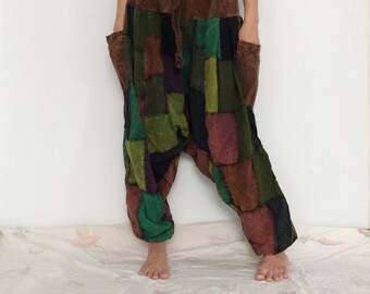 Brown Green Patchwork Hippie Harem Pants, Unisex Pants, Baggy Pants (HR-654)