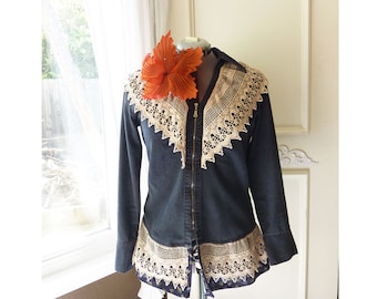 Upcycled Reworked fitted Jacket- Long sleeve zippered black denim coat with added lace and ruffle- size 8-10- FREE SHIPPING