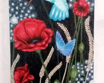 SALE Hummingbird & Butterfly Acrylic Painting Original Painting by Donna Passarelli 15x30 Acrylic Painting Butterfly and Hummingbird