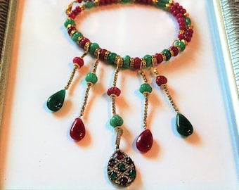 Emerald necklace, ruby necklace, bib necklace, statement necklace, beaded necklace