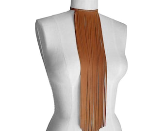 Tan Leather Fringe, Long Leather Fringe Necklace, Boho Necklace, Honey, Tobacco Tan, Fringe Choker, Leather Choker Necklace, Gift for her