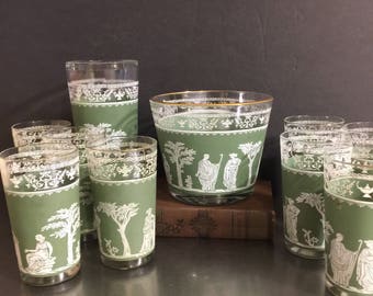 Jeannette Hellenic Grecian Jasperware Wedgwood Ice Bucket Shaker 8 Glasses | Made USA | Mad Men Era | Mid Century Barware | Modern Bar Cart