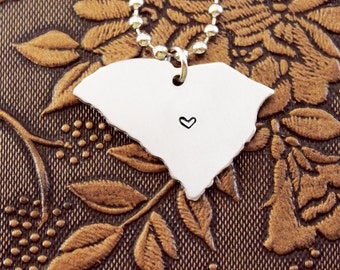 South Carolina Necklace, Personalized Jewelry, Hand Stamped Necklace, Long Distance Relationship, State Necklace, Map Necklace, Heart State