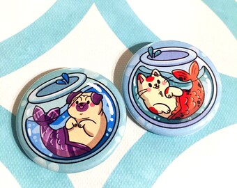 MerPets Buttons (1.5 in) | Pinback Button Set | Cute Cat Dog Pug Mermaid