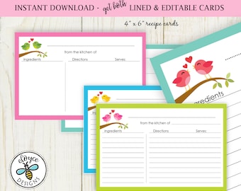 Birds love Recipe Cards 4x6 both lined and editable - Instant Download no. 809 bird recipe cards bridal love cards