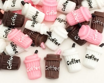 Coffee Cabochons - Brown, Pink & White (6 pcs) Kawaii Cabochons Resin Flat Back Fake Food Drink Slime Charms