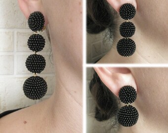 Black Bon Bon Earrings, Beaded Balls Black Earrings, Seed Bead Balls Earrings, Balls Drop Earrings, Black Round Earrings, Bon Bon Black