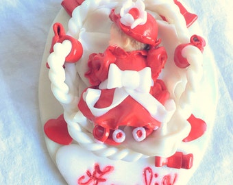 Decorative cake/birth/baby shower/nursery/figurine decoration personalized baby/girl/cart white, base, polymer clay, made hand/gift