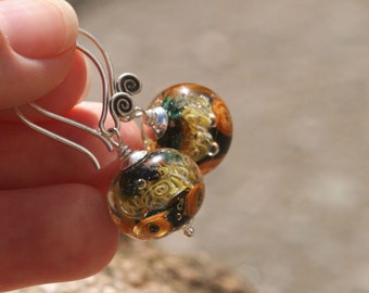 Lampwork silver earrings, Blue, Yellow, Glass Earrings, Ocean Earrings, Artisan lampwork bead, Earrings Lampwork Aquarium, Blue earrings