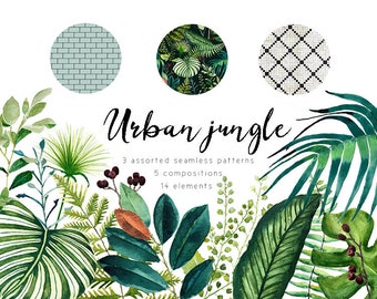 High quality watercolor tropical leaves clipart, hand-painted tropical forest leaves, ethnic seamless pattern, urban jungle, trendy vegetal