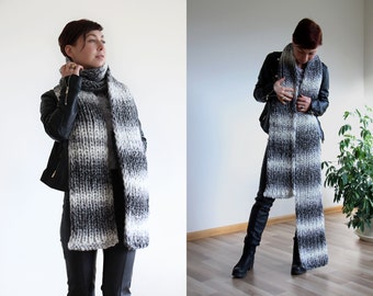 Striped extra long scarf - chunky winter scarf - gray wool scarf - infinity scarf - knit scarf for men an women - knitted oversized scarf
