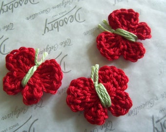 Set of Five Red Crochet Butterfly Appliques. Handmade Crochet Butterfly Appliques.