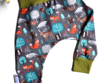 Baby Harem Pants, Fox and Trees, Cake Smash Outfit, First Birthday, Unique Baby Shower Gift for Newborn to Toddler, Hiccups and Juice