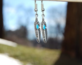 Turquoise Feather Earrings, Simple Silver Everyday Dangle Earings, Boho Chic Bridesmaid Jewelry, Ethnic, Hippie Tribal Gift Ideas for her